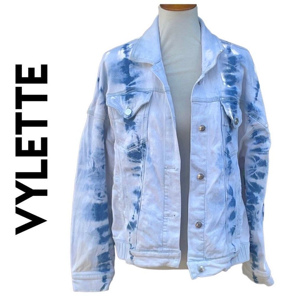 Vylette Women’s White Wash Tie-Dye Denim Jacket  Size Large